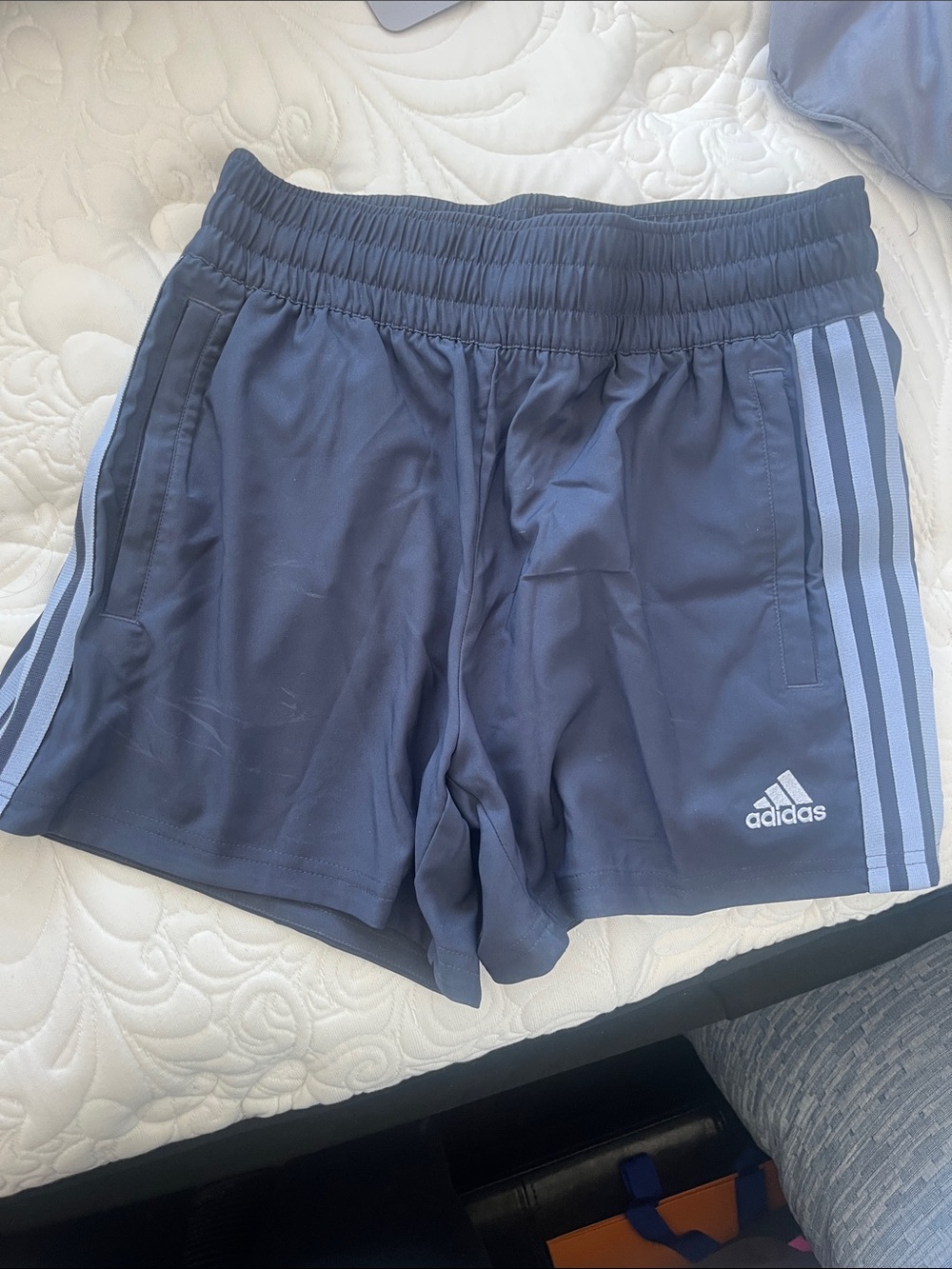 adidas Navy Athletic Shorts with Light Blue Side Stripes